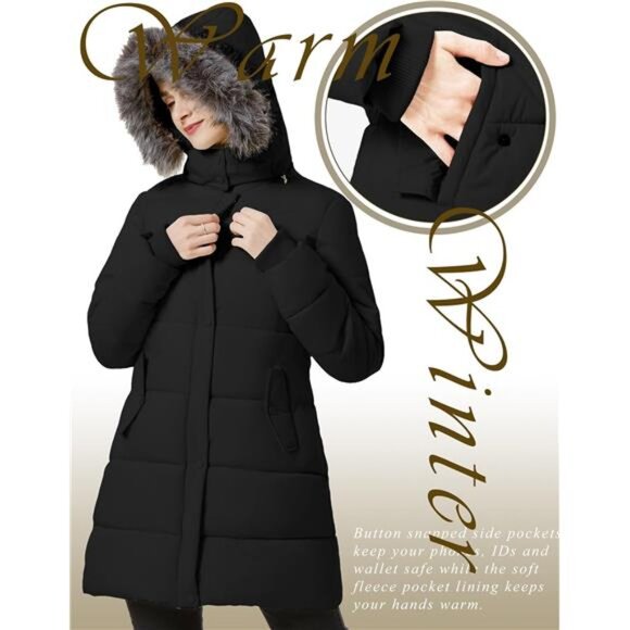 Women's Winter Thicken Puffer Coat Warm Snow Jacket with Fur Removable - Picture 5 of 7